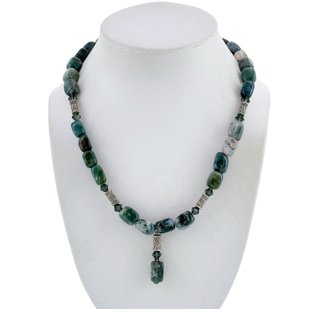 Silver-Tone Green Moss Agate Beaded Dangle Necklace 18"
